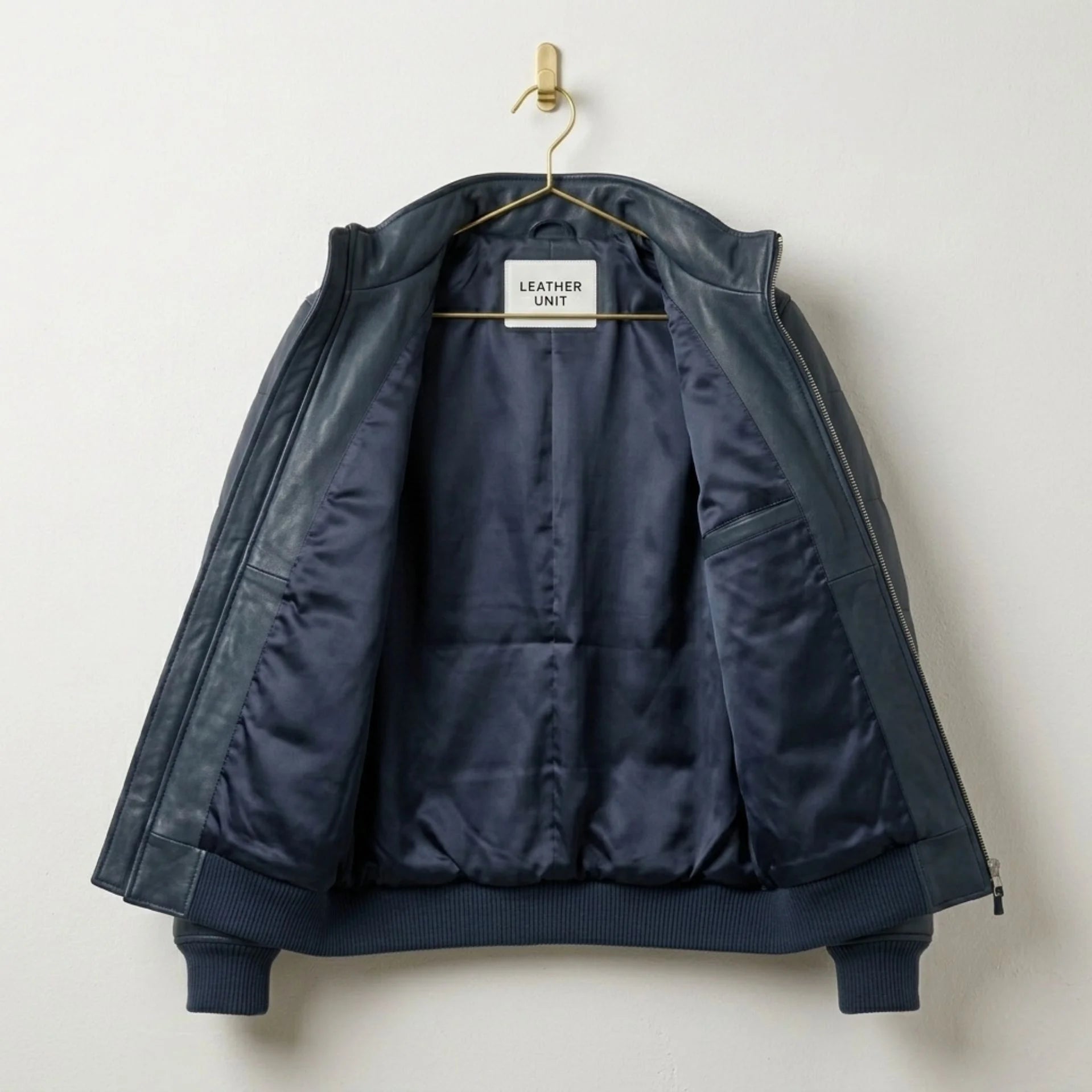 Interior of Blue Leather Puffer Bomber Jacket with Leather Unit branding