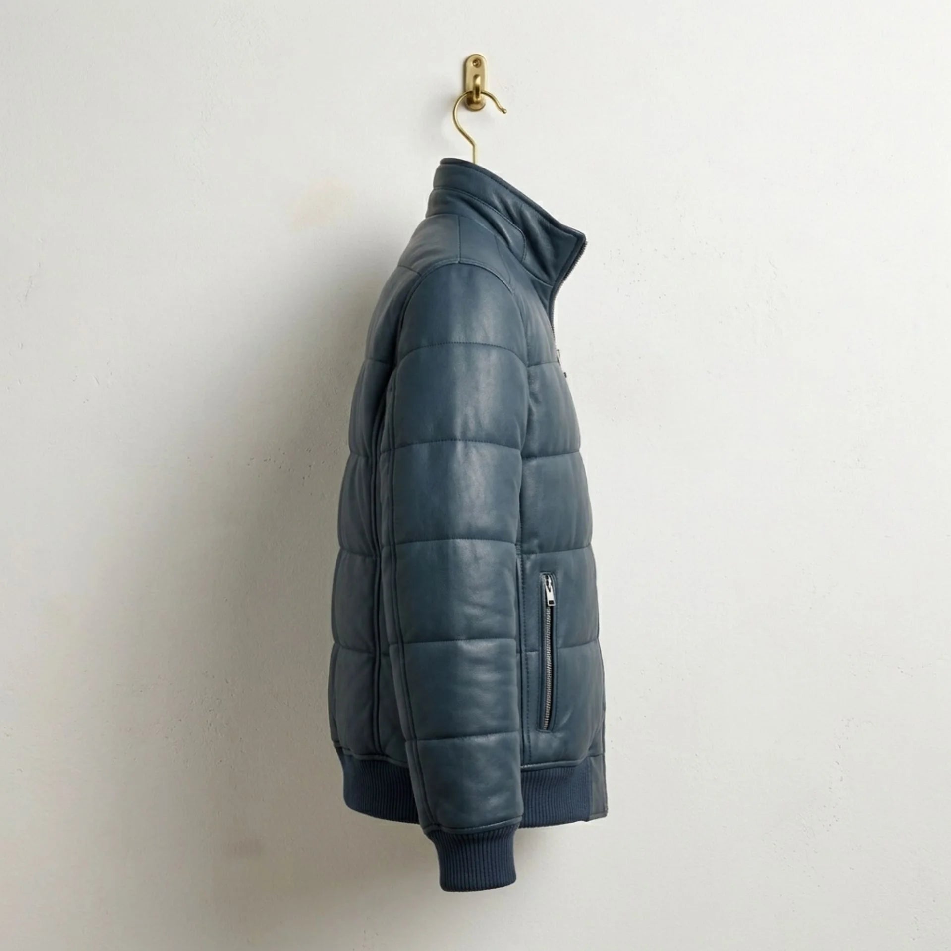 Side profile of Men's Blue Sheepskin Leather Puffer Bomber Jacket