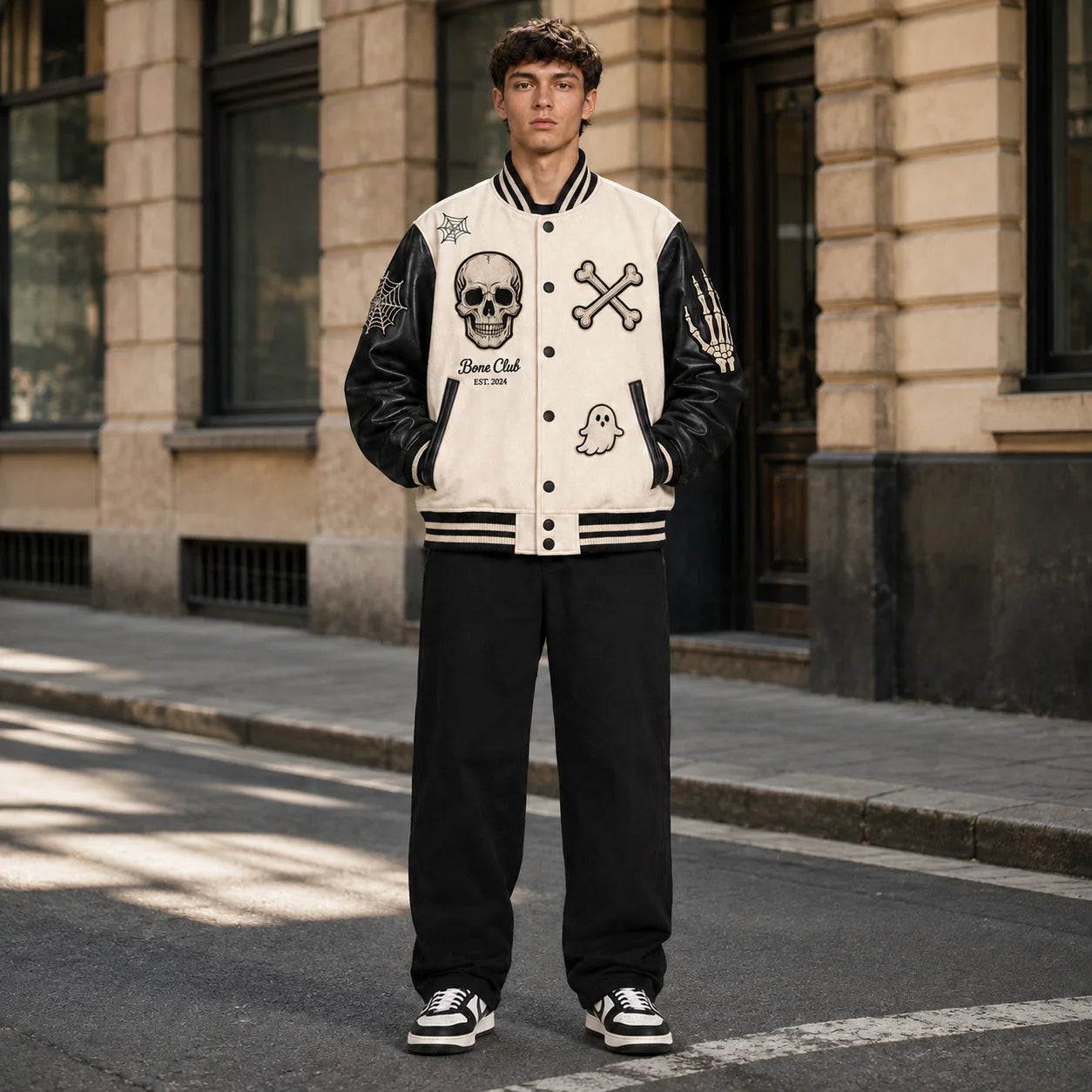 Model wearing bone-white Bone Club Halloween varsity jacket with black sleeves and skull embroidery in an urban street setting