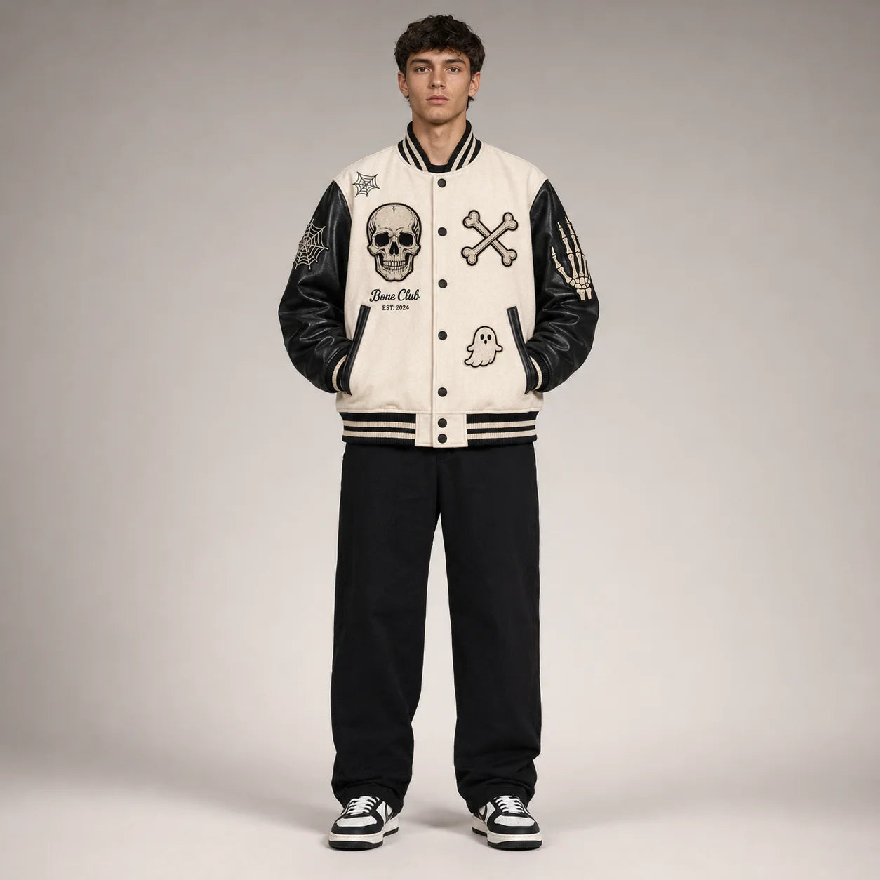 Front studio view of Bone Club skull varsity jacket showing bone-white body, black sleeves and embroidered Halloween patches