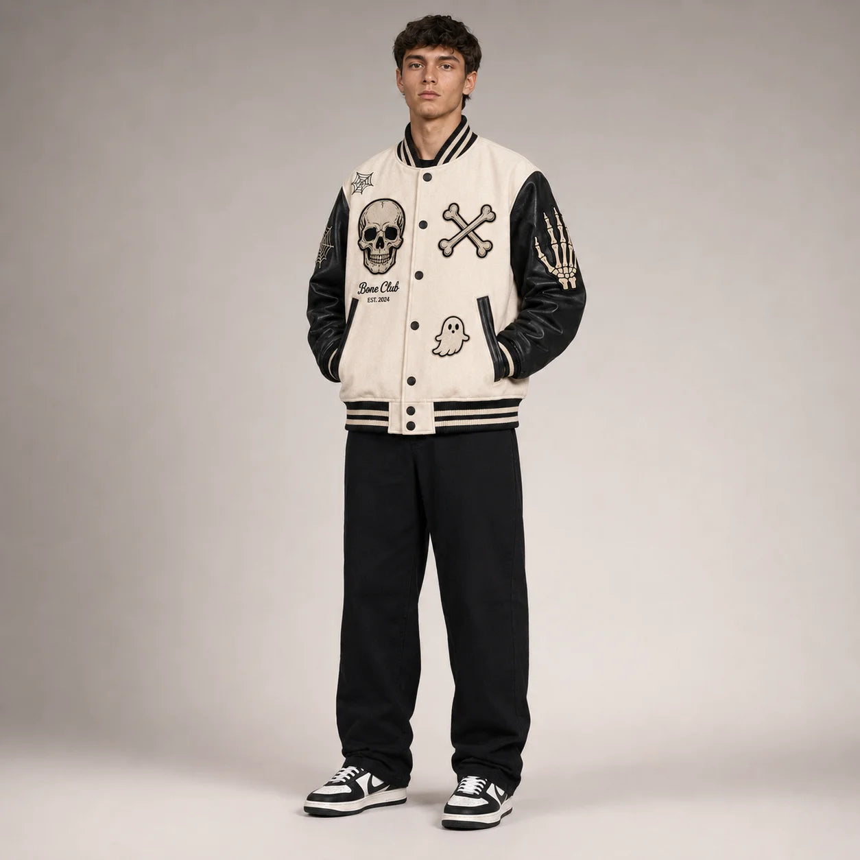 Three-quarter view of bone-white Halloween varsity jacket with black faux leather sleeves and skull patch details