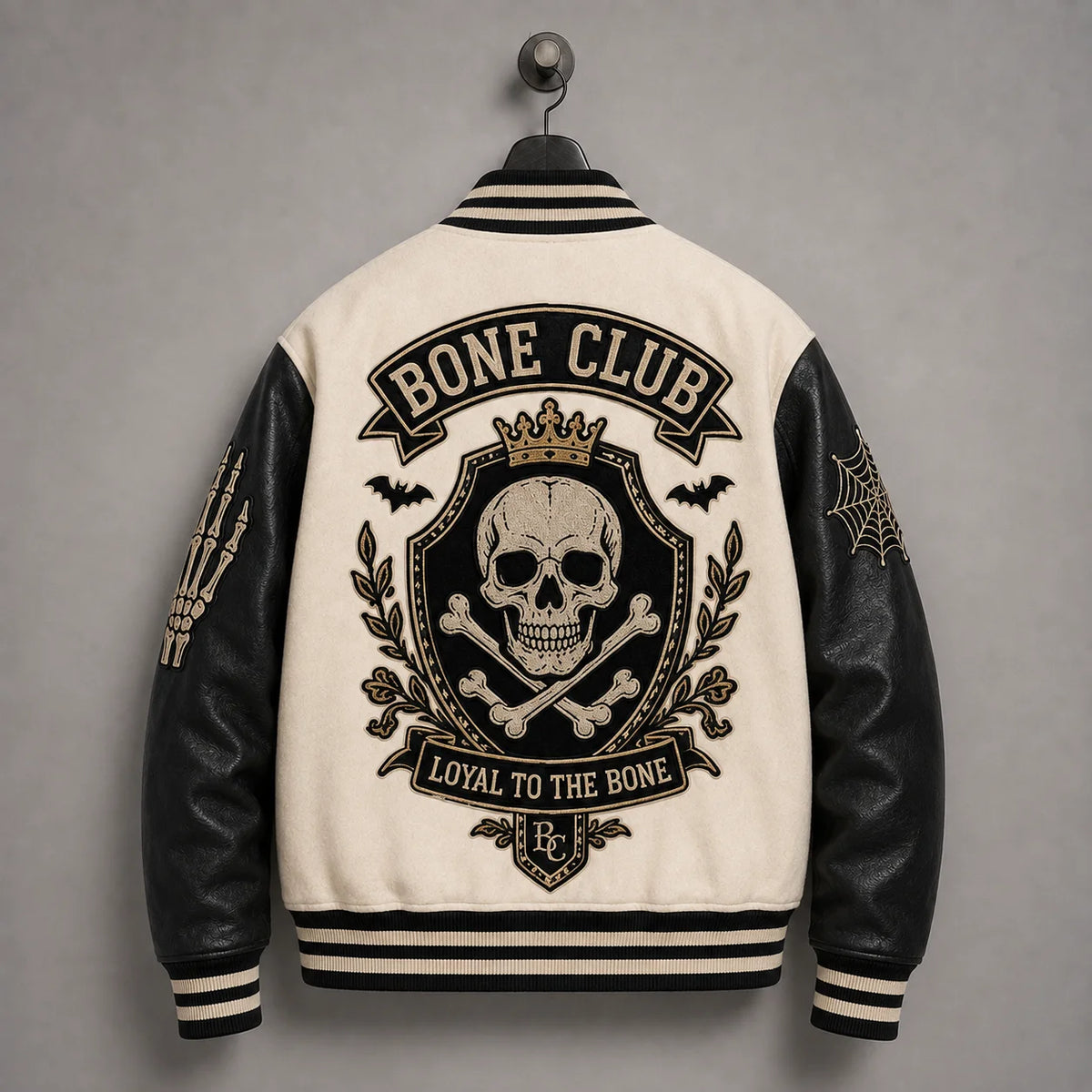 Back hanger view of Bone Club skull varsity jacket featuring crowned skull-and-crossbones crest and bat embroidery