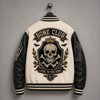 Back hanger view of Bone Club skull varsity jacket featuring crowned skull-and-crossbones crest and bat embroidery