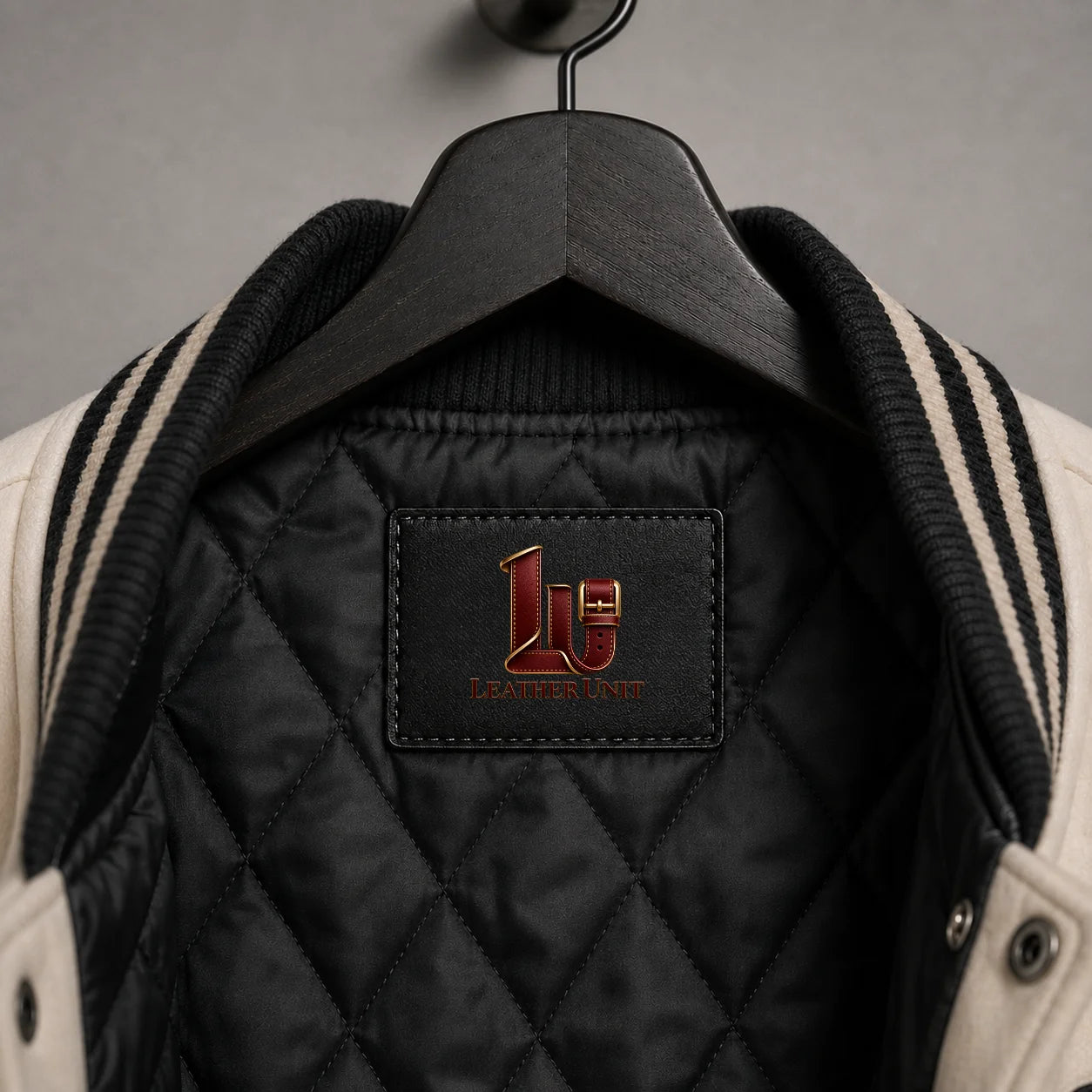 Close-up of Bone Club jacket showing black quilted polyester lining, striped rib collar and Leather Unit inner label