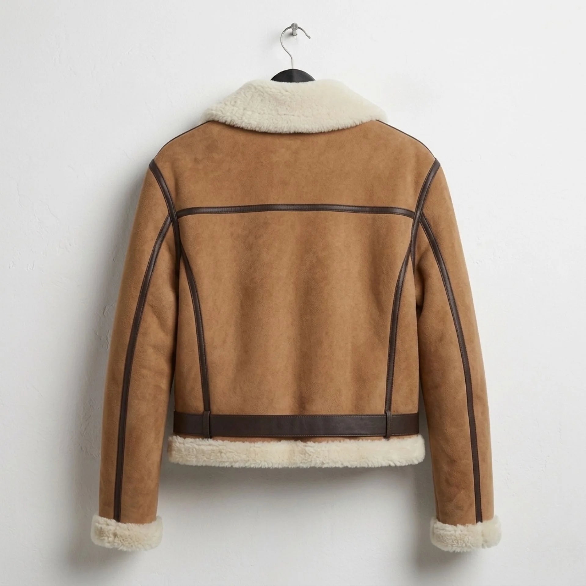 Back view of biscuit brown suede aviator jacket with cream sherpa collar