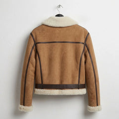 Back view of biscuit brown suede aviator jacket with cream sherpa collar