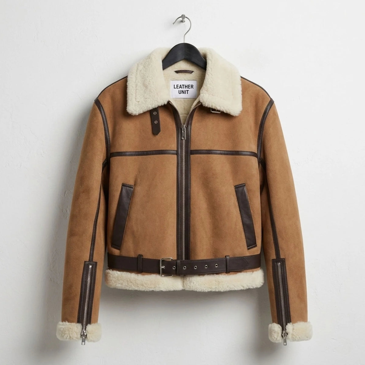 Front view of womens brown aviator sherpa leather jacket by Leather Unit
