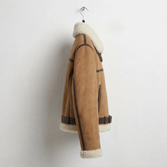 Side view of womens biscuit brown sherpa aviator leather jacket