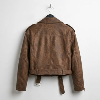 Back view of womens brown leather moto jacket with belt