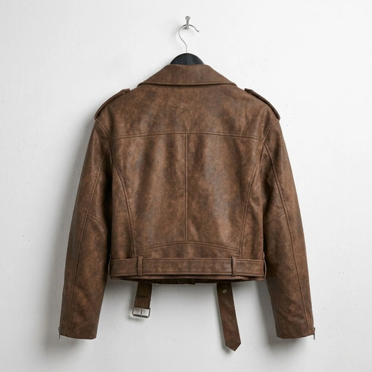 Back view of womens brown leather moto jacket with belt