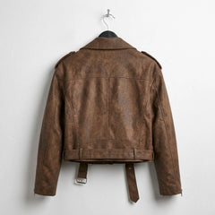 Back view of womens brown leather moto jacket with belt