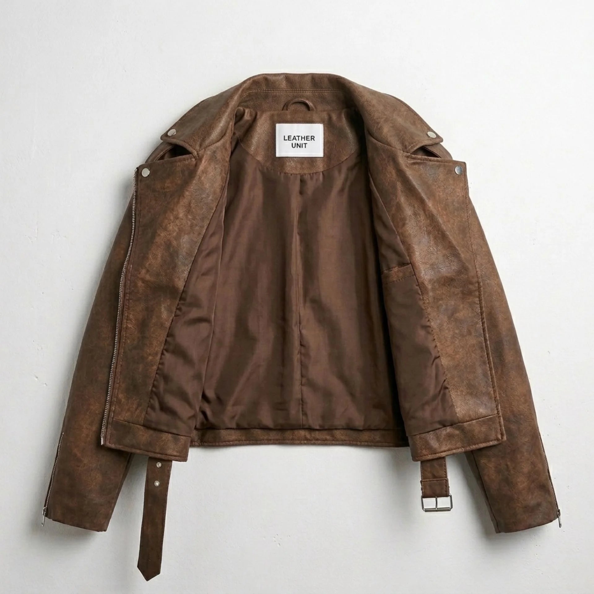 Interior lining of brown biker leather jacket for women