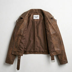 Interior lining of brown biker leather jacket for women