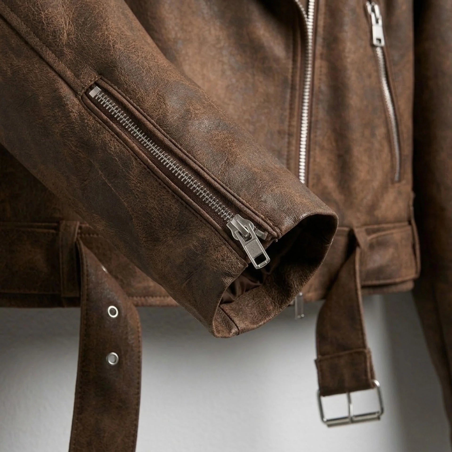 Close up of sleeve zipper and belt detail on brown leather moto jacket