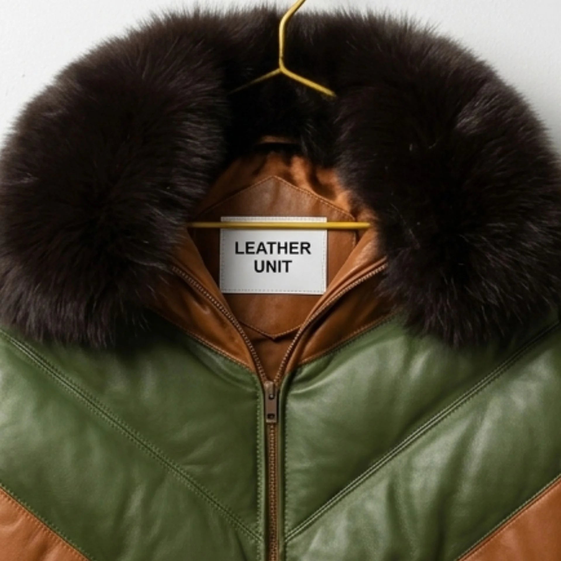 Close-up of real fur collar and Leather Unit tag on brown green puffer jacket