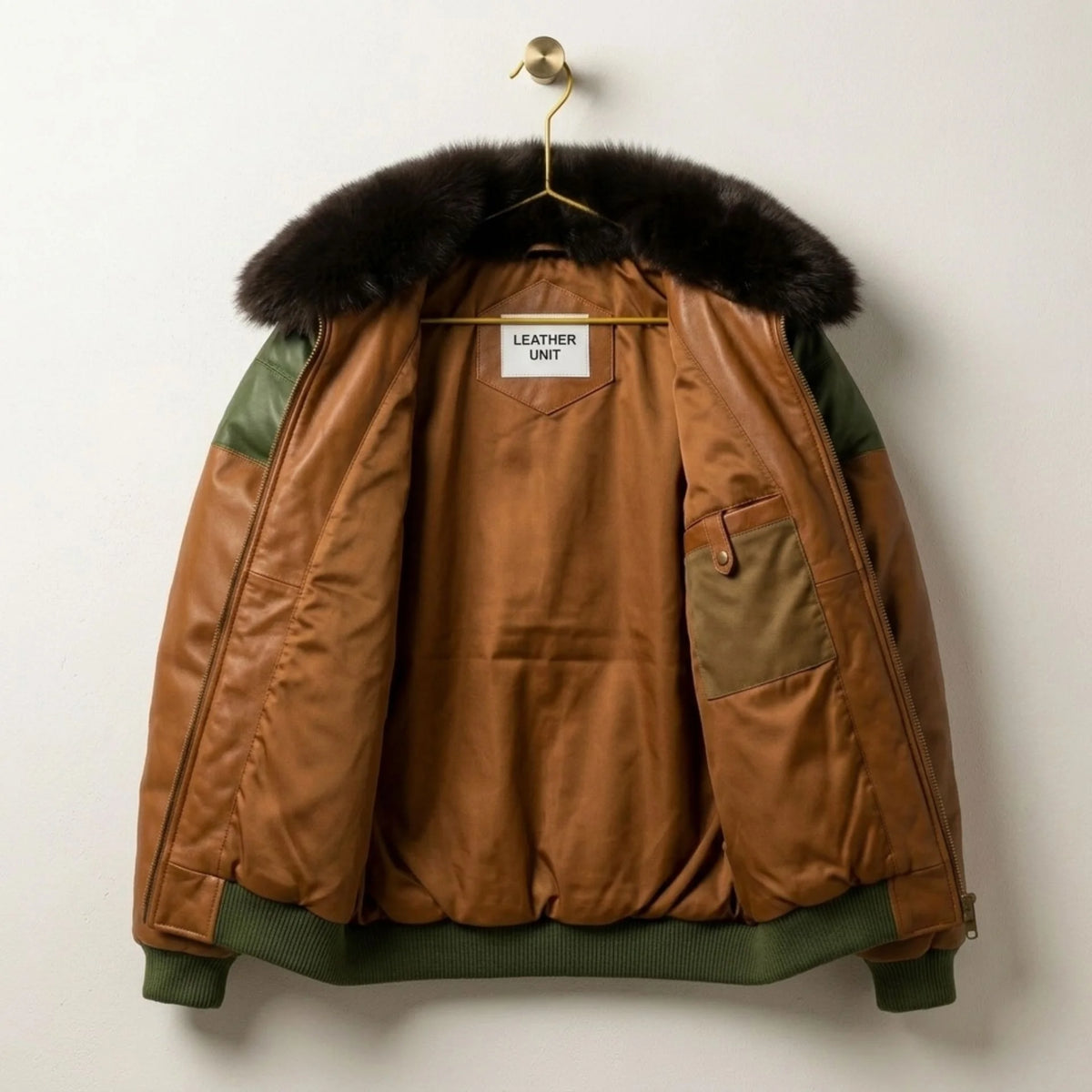 Interior of Brown Green Leather V-Puffer Jacket with Leather Unit branding