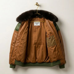 Interior of Brown Green Leather V-Puffer Jacket with Leather Unit branding