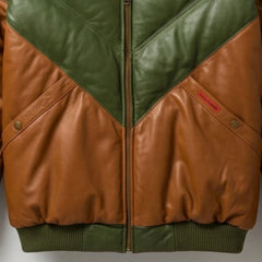 Close-up of snap-button pocket and V-panel design on leather puffer jacket