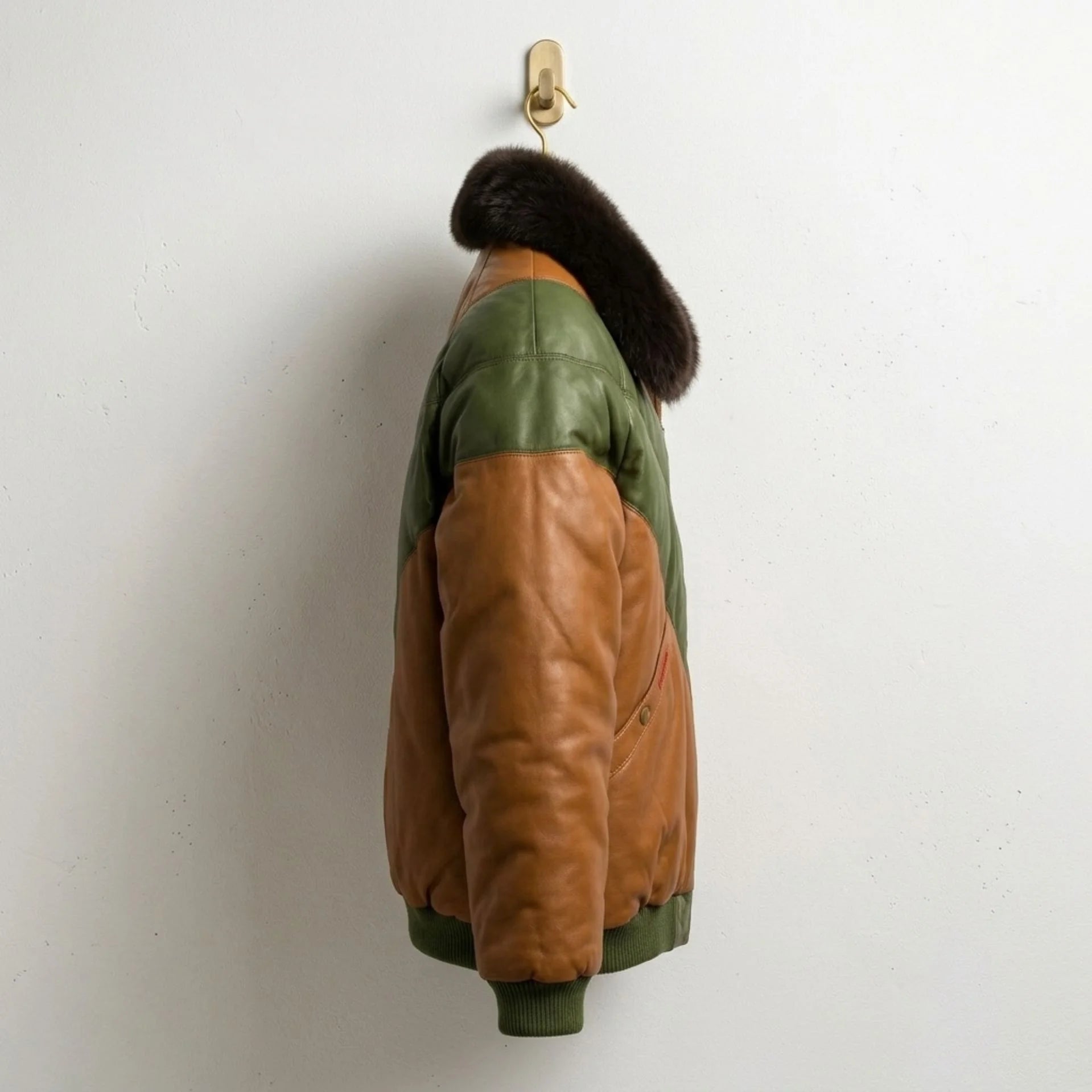 Side profile of Men's Luxury Fur Collar Leather Puffer Jacket