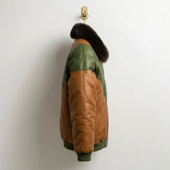Side profile of Men's Luxury Fur Collar Leather Puffer Jacket