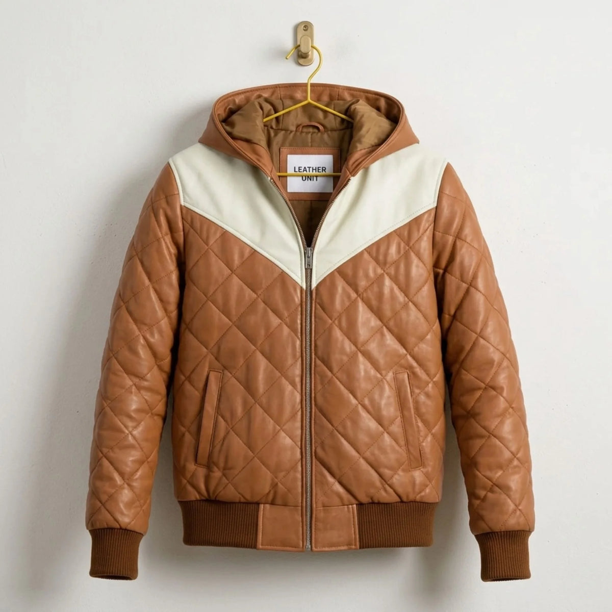 Men's Brown Hooded Leather Puffer Bomber Jacket front view - Genuine Leather by Leather Unit