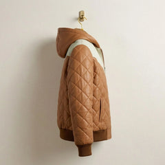 Side profile of Men's Brown Two-Tone Hooded Leather Puffer Jacket