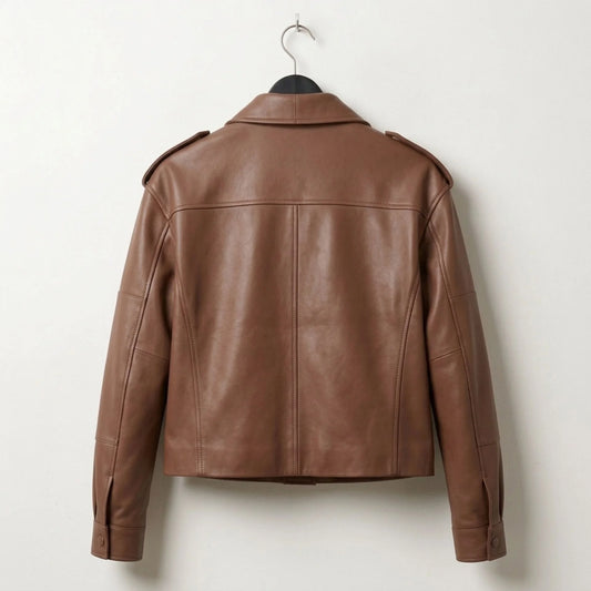 Back view of womens brown leather bomber jacket with clean panel design
