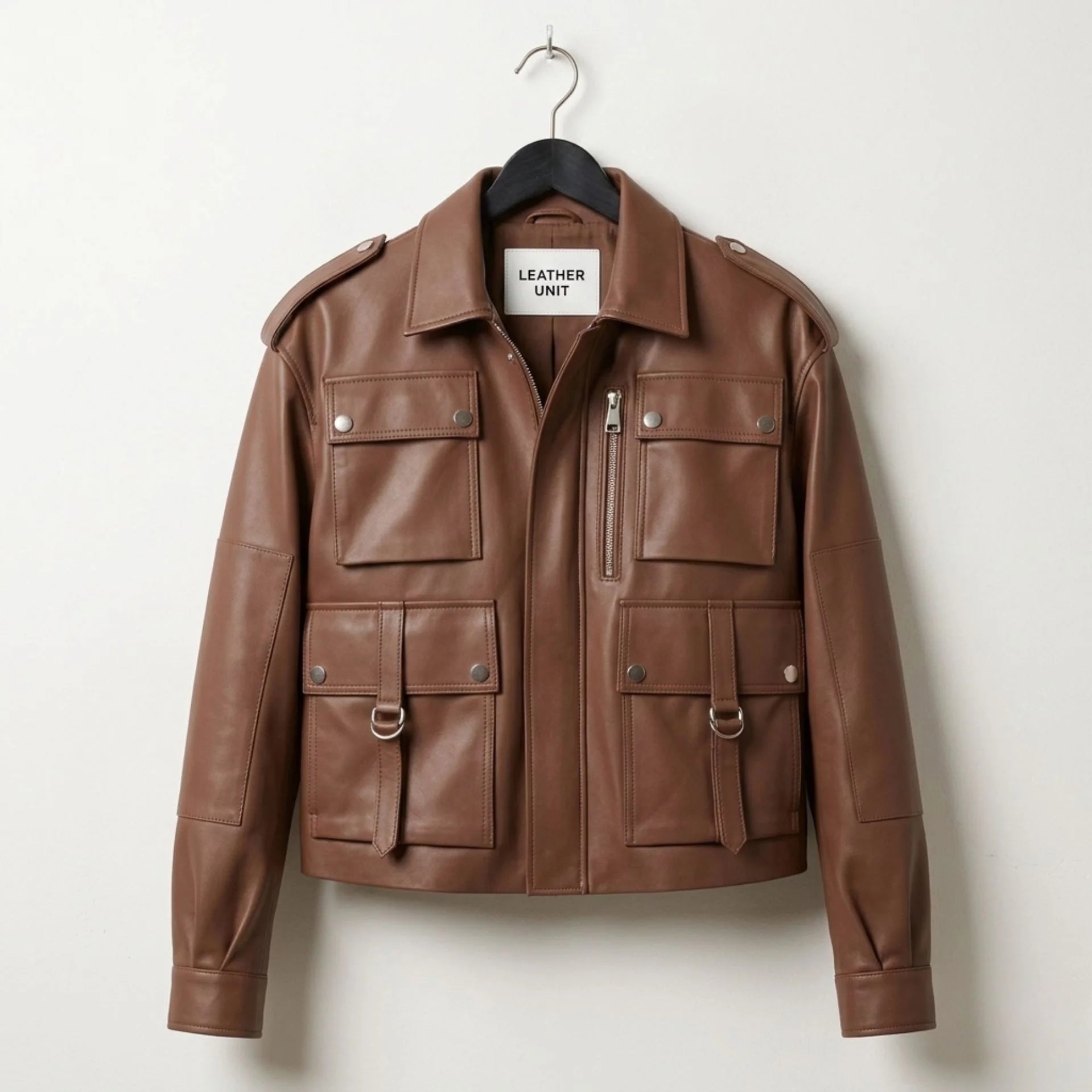 Front view of womens brown utility pocket leather bomber jacket by Leather Unit