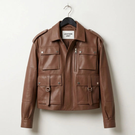 Front view of womens brown utility pocket leather bomber jacket by Leather Unit