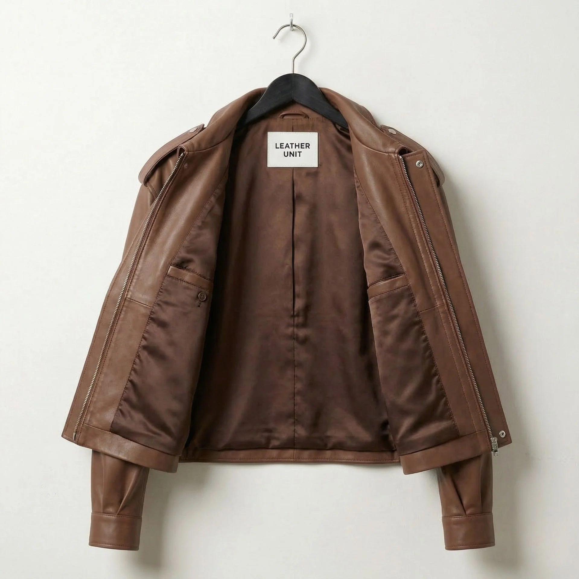 Interior lining of womens brown leather bomber jacket showing inner pockets