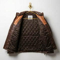 Interior view of Brown Leather Down Puffer Jacket with premium lining and Leather Unit tag