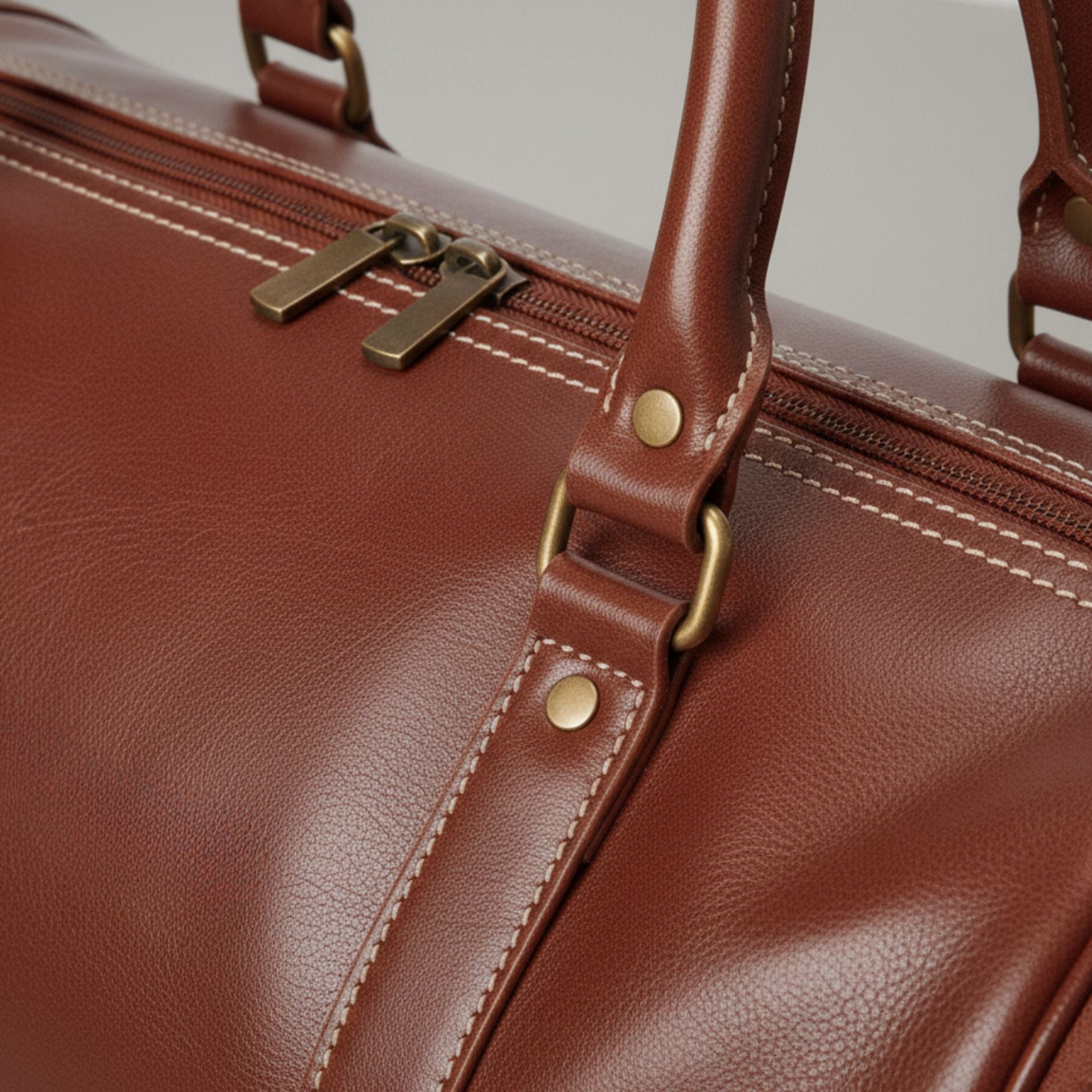 close up of zipper and stitching on brown genuine leather travel bag.