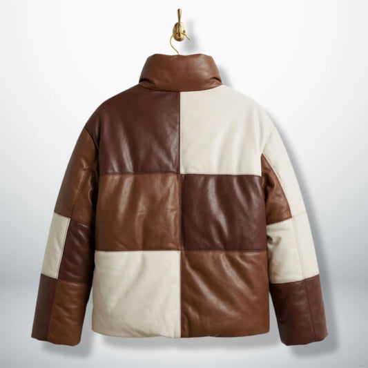 Brown Leather Puffer Jacket back view showing colorblock design - Leather Unit