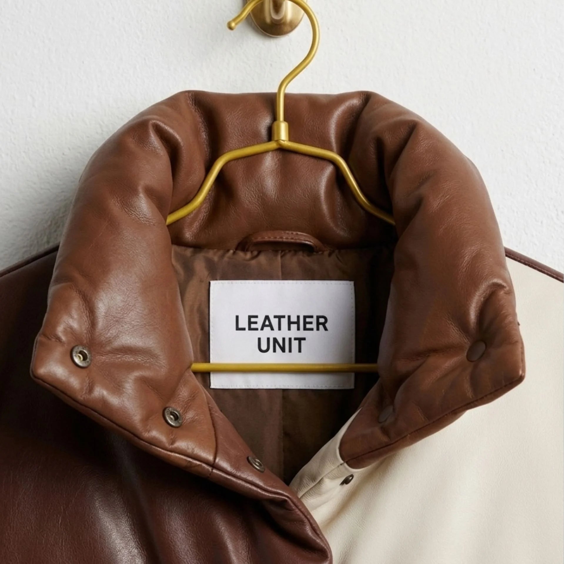 Close-up of padded collar and Leather Unit tag on brown leather puffer jacket