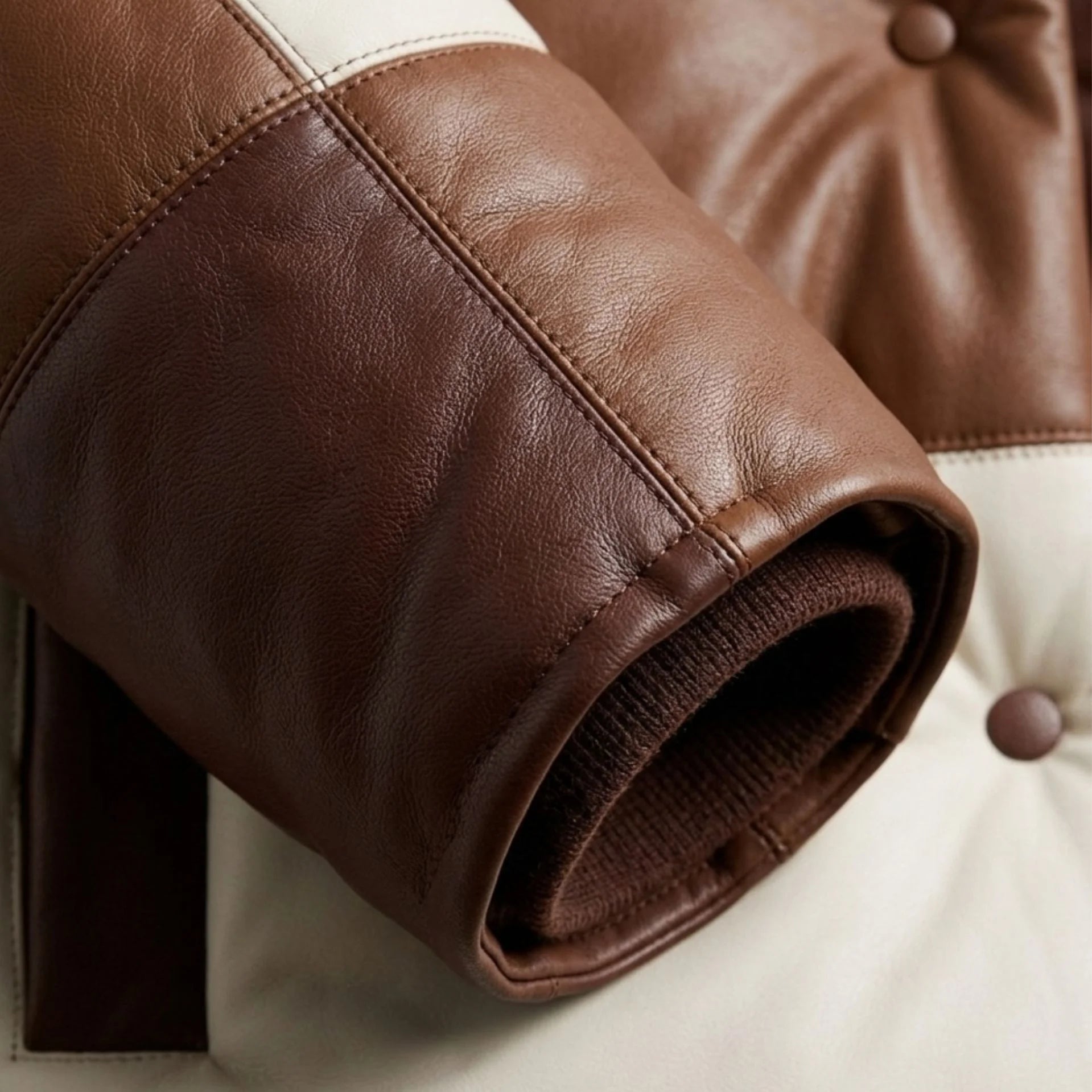 Detailed view of sleeve and cuff on premium lambskin puffer jacket