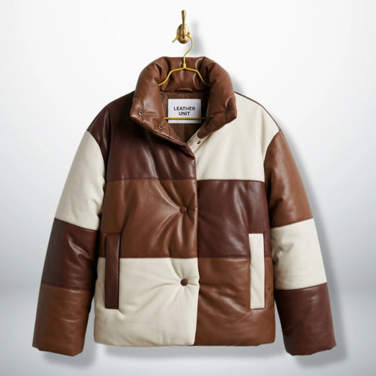 Luxury Brown Lambskin Leather Puffer Jacket front view - Colorblock by Leather Unit