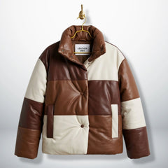 Luxury Brown Lambskin Leather Puffer Jacket front view - Colorblock by Leather Unit