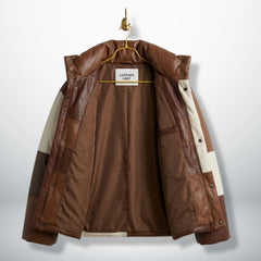 Interior of Brown Leather Puffer Jacket with Leather Unit branding