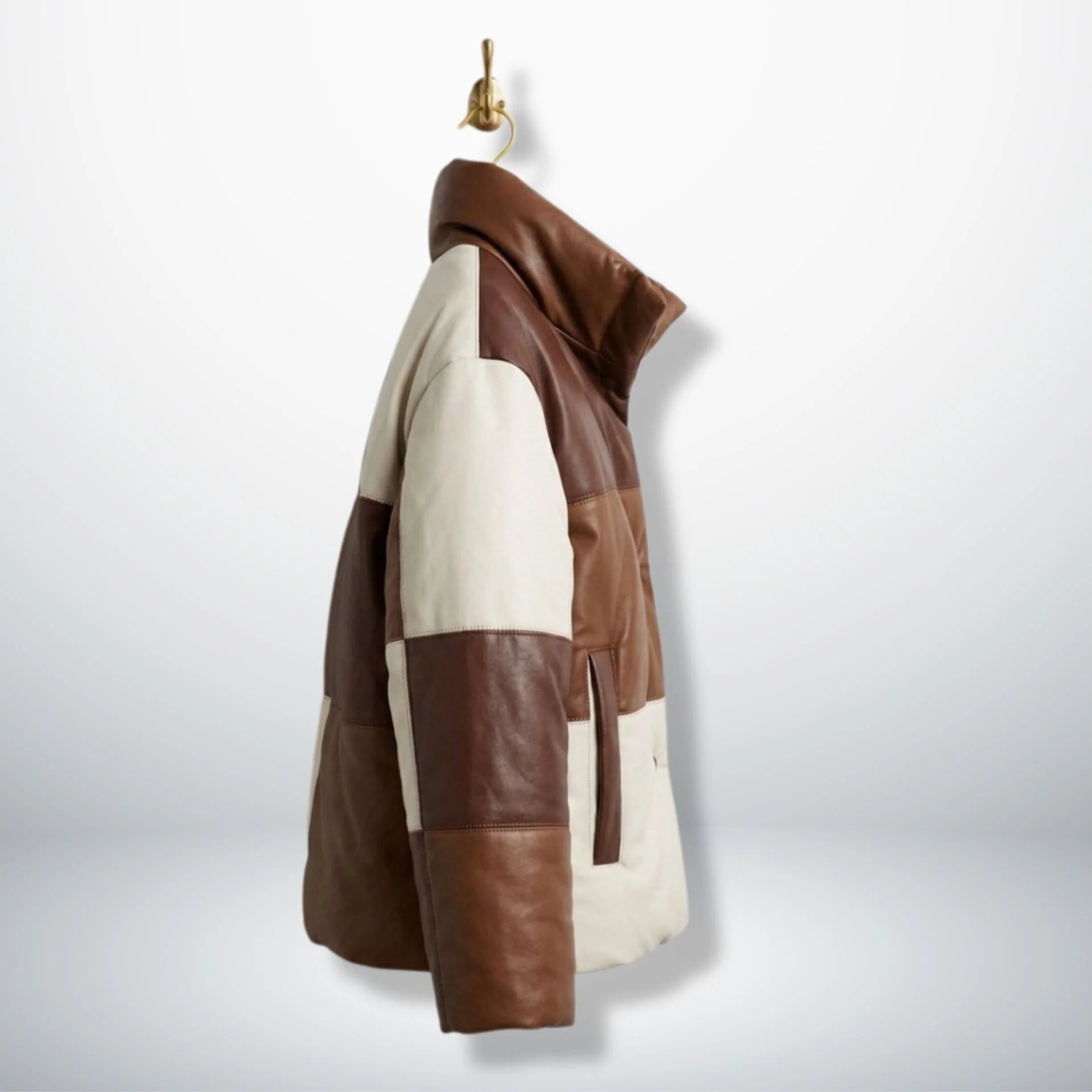 Side profile of Luxury Brown Leather Colorblock Puffer Jacket