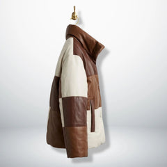 Side profile of Luxury Brown Leather Colorblock Puffer Jacket
