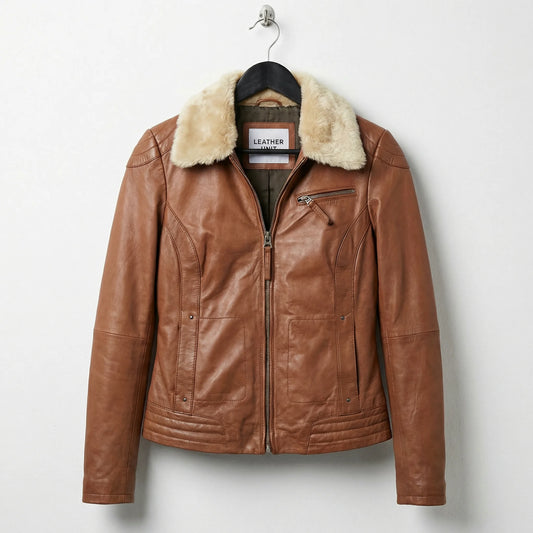 Front view of womens brown shearling collar bomber leather jacket by Leather Unit