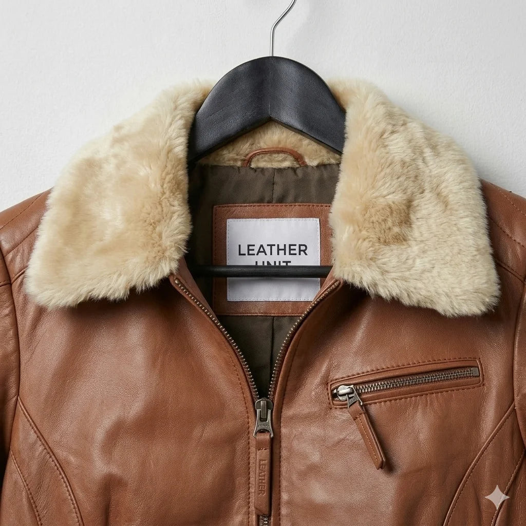 Plush cream shearling style collar on brown womens leather bomber jacket