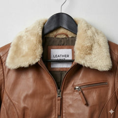 Plush cream shearling style collar on brown womens leather bomber jacket