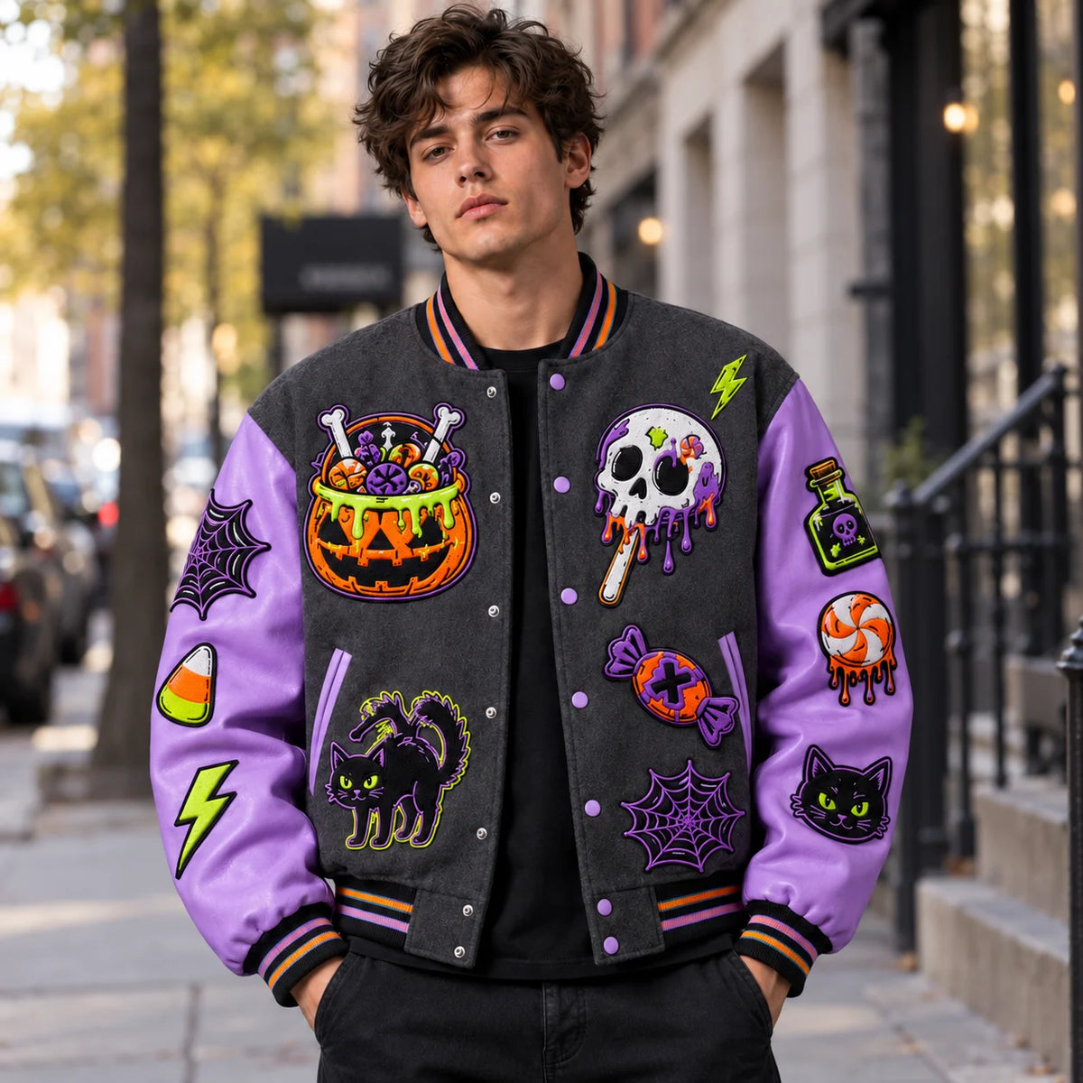 Model wearing charcoal Candy Curse Halloween varsity jacket with lavender sleeves and colourful candy patches outdoors