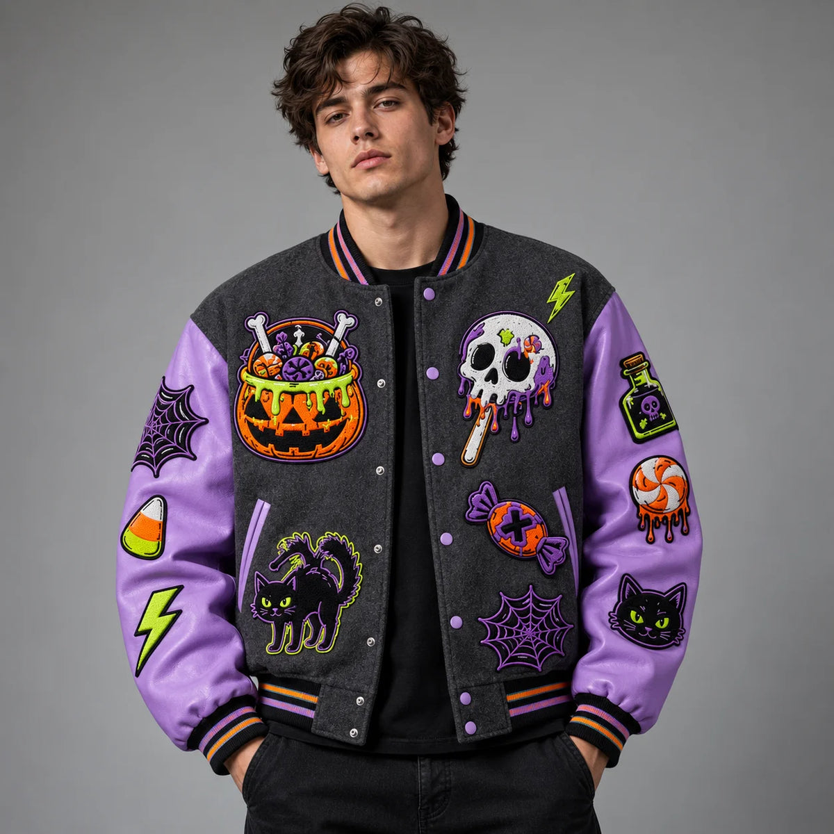 Front studio view of Candy Curse varsity jacket with pumpkin candy bucket, skull, black cat and spider web patches