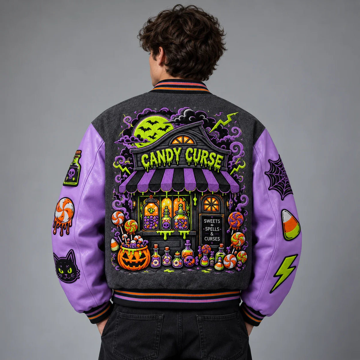 Back model view of Halloween varsity jacket featuring large Candy Curse haunted candy shop embroidery