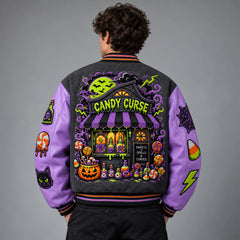 Back model view of Halloween varsity jacket featuring large Candy Curse haunted candy shop embroidery