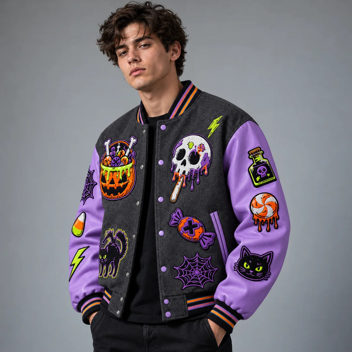 Three-quarter model view of charcoal Halloween jacket with lavender vegan leather sleeves and embroidered candy motifs