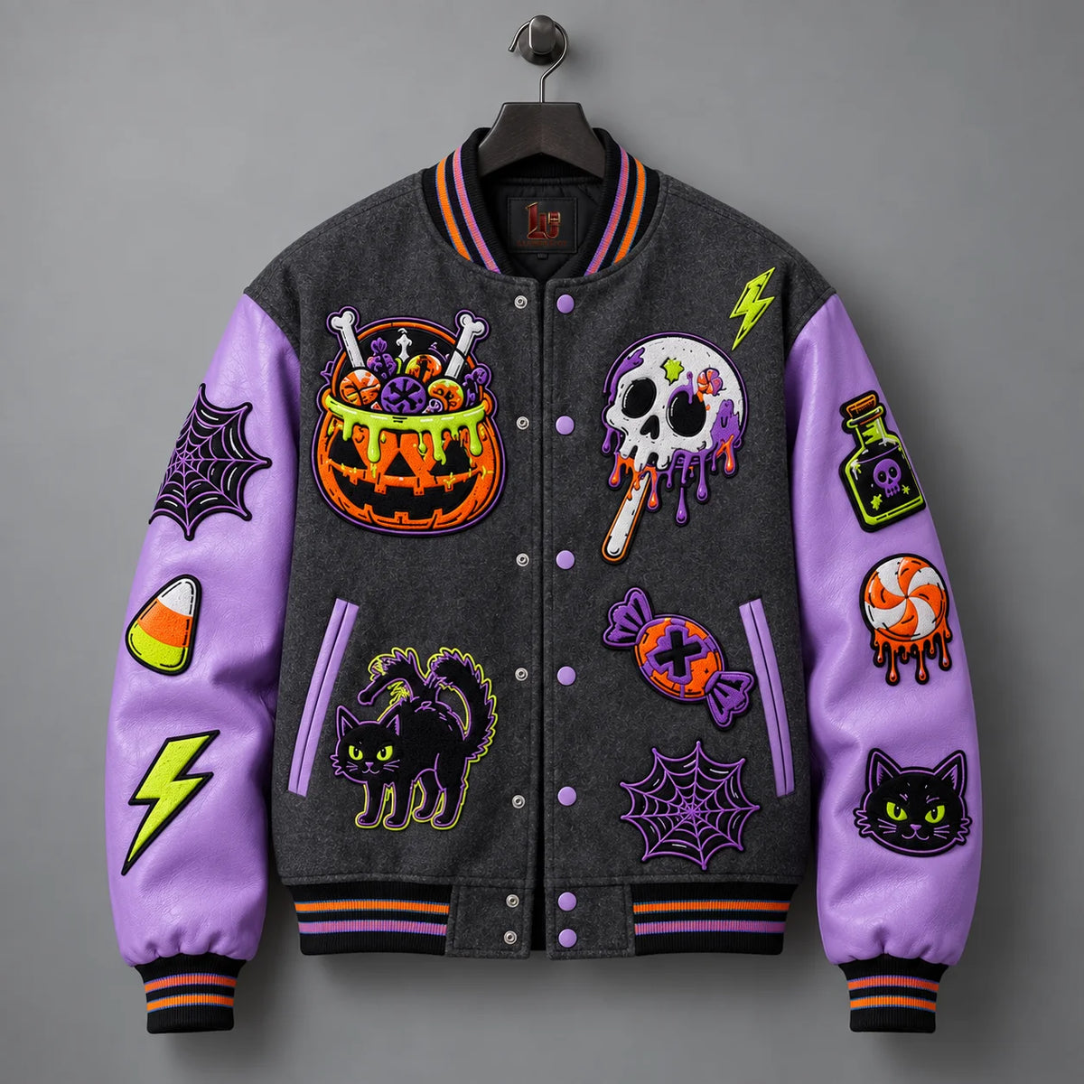 Front hanger view of Candy Curse Halloween jacket with skull lollipop, pumpkin bucket and black cat embroidery