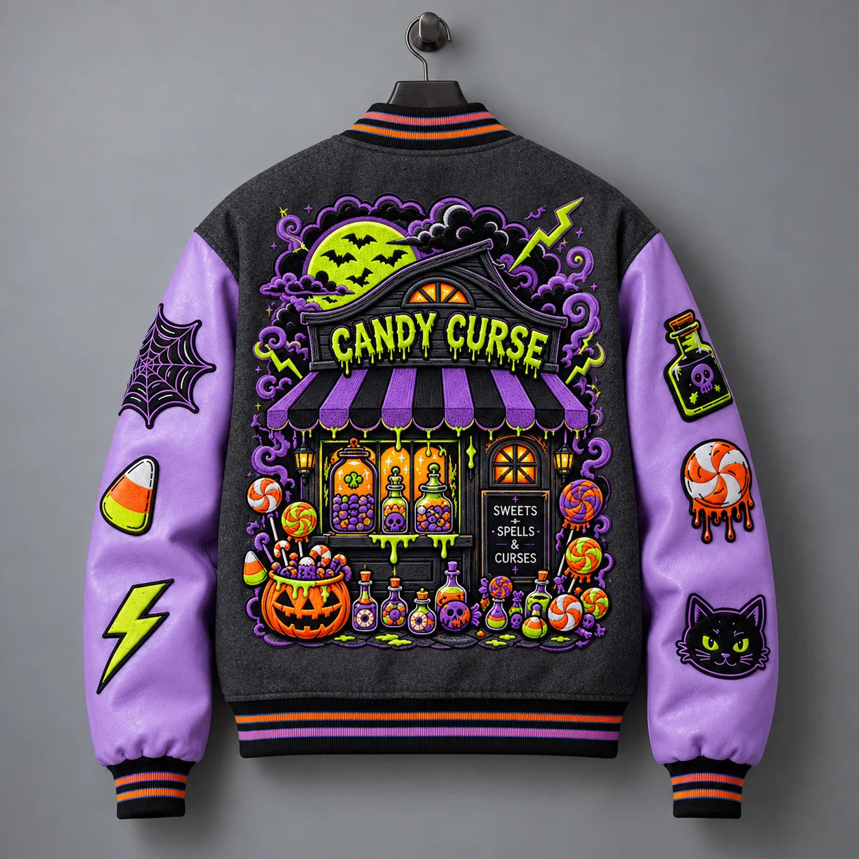 Back hanger view of Candy Curse varsity jacket with haunted sweets shop, green moon, bats and potion bottle artwork